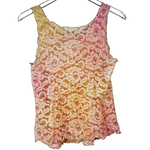 Robin Kaplan Ombre Dye Lace Sleeveless Blouse Tank Floral Rose Applique Pink - Picture 5 of 5